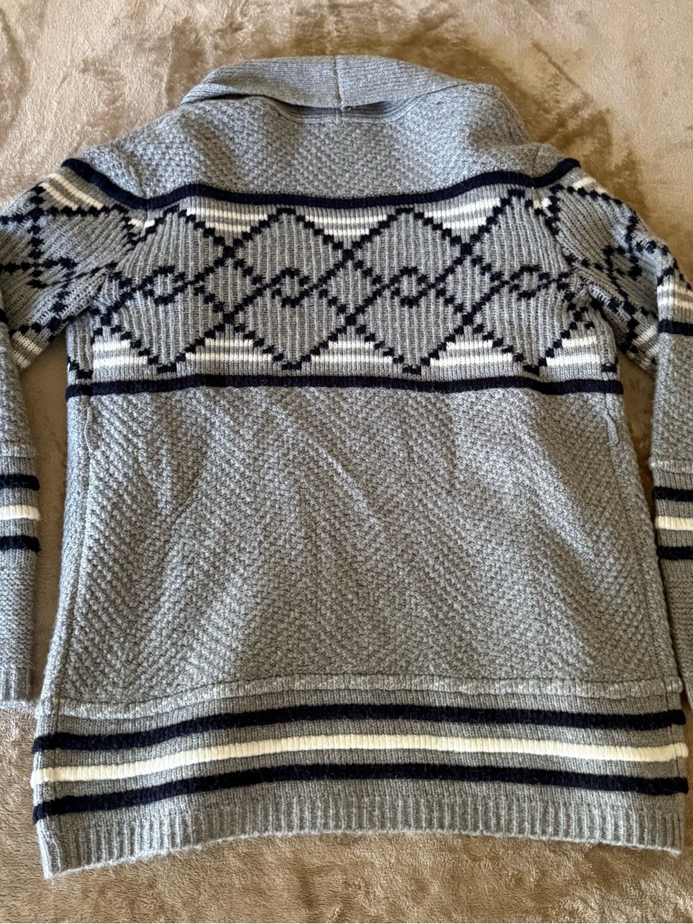 Merona Gray Shawl-Collar Fair Isle Knit Cardigan with Navy & Cream Detail - Picture 3 of 7